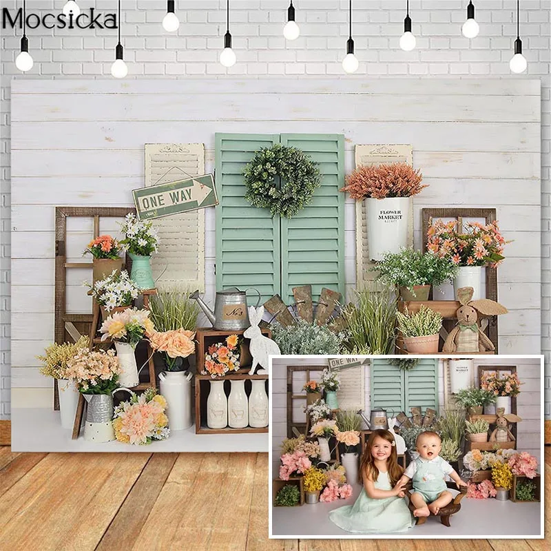 

Mocsick Spring Easter Photography Backdrops Flower Market Rabbit Decor Cake Smash Photo Booth Background For Photo Studio Props