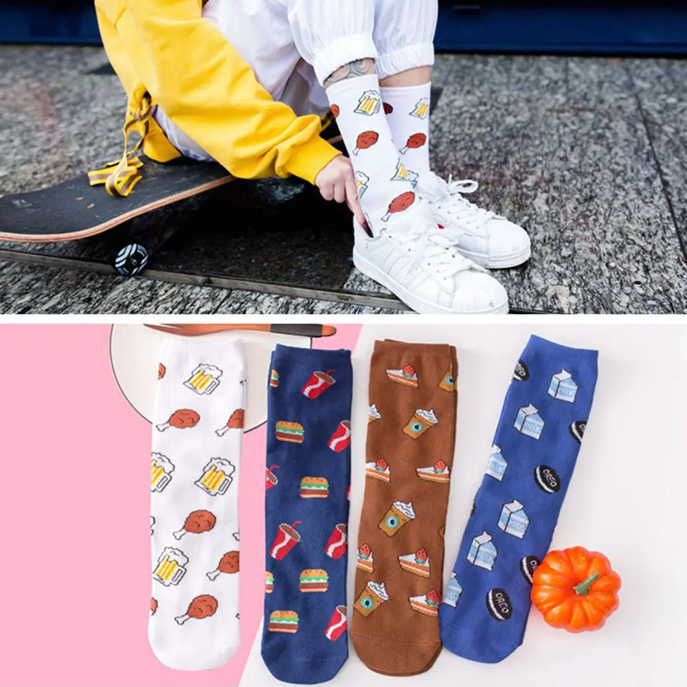 

fashion woman long socks interesting milk cola beer burger cake fried chicken food pattern socks funny unisex happy sock