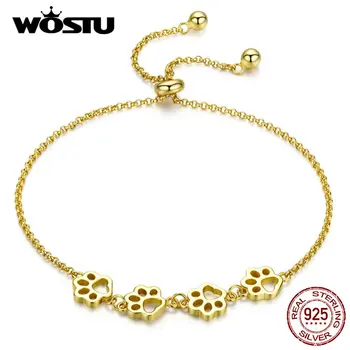 

WOSTU Real 925 Sterling Silver Gold Bracelets Paw Trail Dog Footprint Animal Chain & Link For Women Fashion Jewelry CQB096-B