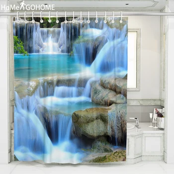 

3D Waterfall Scenery Waterproof Shower Curtain Bathroom Landscape Trees Flower Bath Curtain Landscape douchegordijn tenda doccia