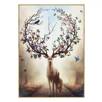 

GTBL Wall Art Deer Stag with Long Antler Bloom and Bear Fruit Pictures Prints On Canvas Contemporary for Living Room Home Decor