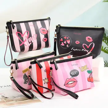 

PU Inkjet Portable Cosmetic Bag Women Striped Dumpling Bag Travel Multi-Function Storage Bag