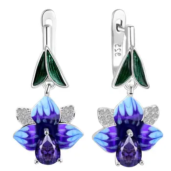 

Women Exaggerated Big Flower Petal Silver Color Dangle Earrings Noble Handmade Blue Enamel Elegant Drops Earrings Jewelry Gift