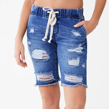 

2020 summer skinny women's jeans casual denim pants elastic plus size knee length mid waist hole drawstring with pockets mujer
