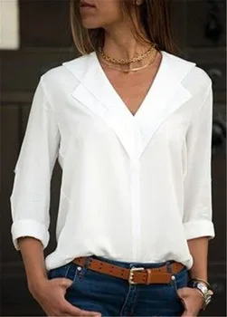 

White Long Sleeve Leisure Blouse Double V-neck Women Tops and Blouses Solid Office Shirts Lady Blouse Shirt Blusas Camisa
