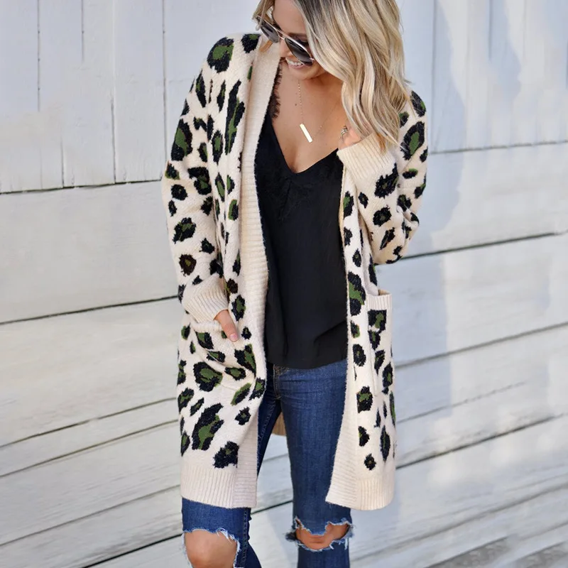 

Winter Leopard Print Women Loose Cardigan soft Sweater Outerwear Casual Knitted Long Coat Sweater Cardigan Female Wool Sweaters