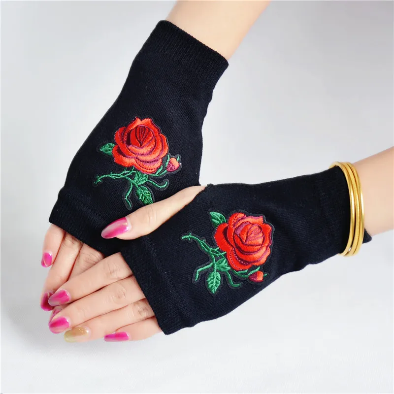 

Rivet/Embroidered Fingerless Hand Lining Knitted Gloves with Clear Crystal Stone Rose/Crown/Star Pattern Gloves Half Finger J2G