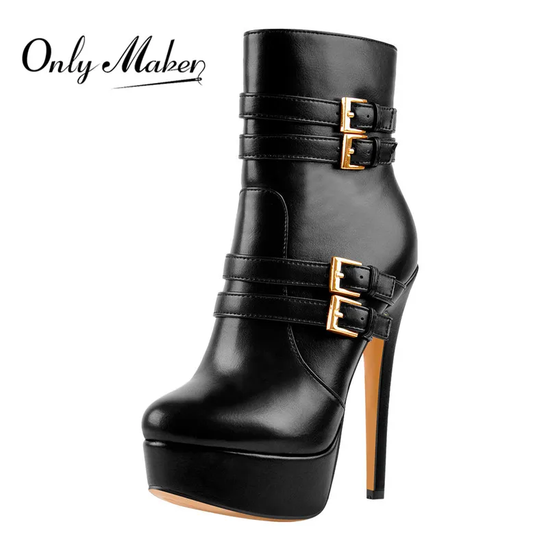 

Onlymaker Women's Platform Black Matte Ankle Booties Side Zip Metal Plates Buckle Big Size Stilettos Short Boots