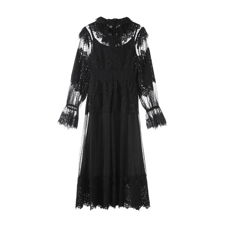 Цветное сексуальное черное кружевное перспективное платье с длинным рукавом, роскошное элегантное женское платье с бантом и оборками, дизайнерское женское платье для подиума
