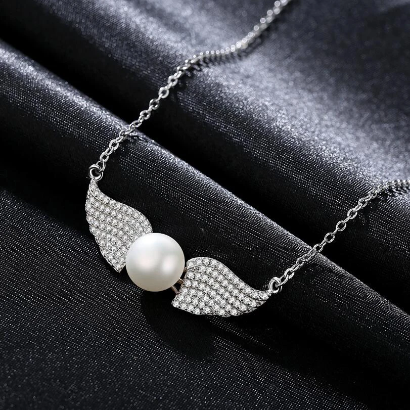 

[MeiBaPJ]Real Freshwater Pearl Simple Personality Wing Pendant Necklace 925 Solid Silver Fine Jewelry for Women