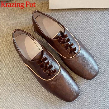 

Krazing pot new unique elegant genuine leather leisure shoes daily wear square toe med heels women fashion streetwear pumps L11