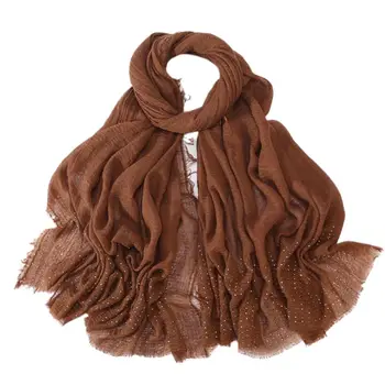 

Womens Fringed Trim Solid Color Scarf Large Long Muslim Hijab Headscarf Rhinestone Embellished Sheer Shawl Islamic Head Wrap