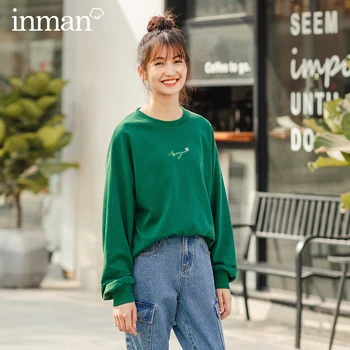 

INMAN 2020 Spring New Arrival Solid Color Round Collar Embroidery Flower Elastic Threaded Sleeve Loose Style Women Sweatshirt