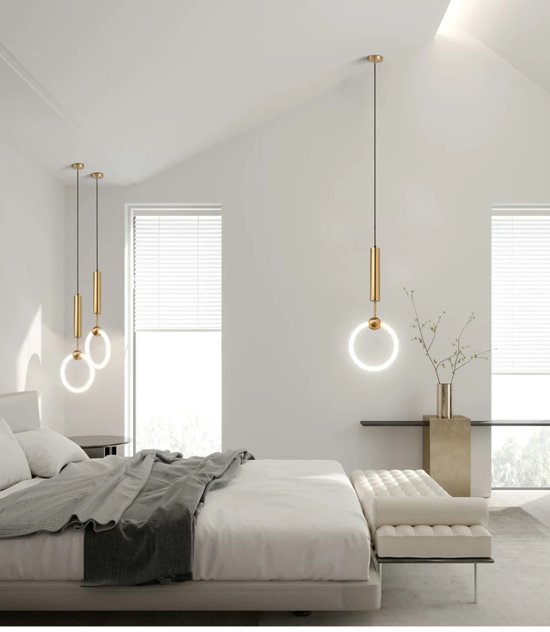 Hc8983f1a946b48529ffe7701ae68efefy Nordic creative LED Pendant lamp 360 ° glow Bedroom Bedside Art Single Head lamp Postmodern Hanging light Luxury Circular lamp