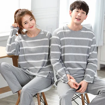 

Estilo coreano casal pijamas manga longa algodao casual dos desenhos animados terno doce pode usar roupas de casa dos homens pri