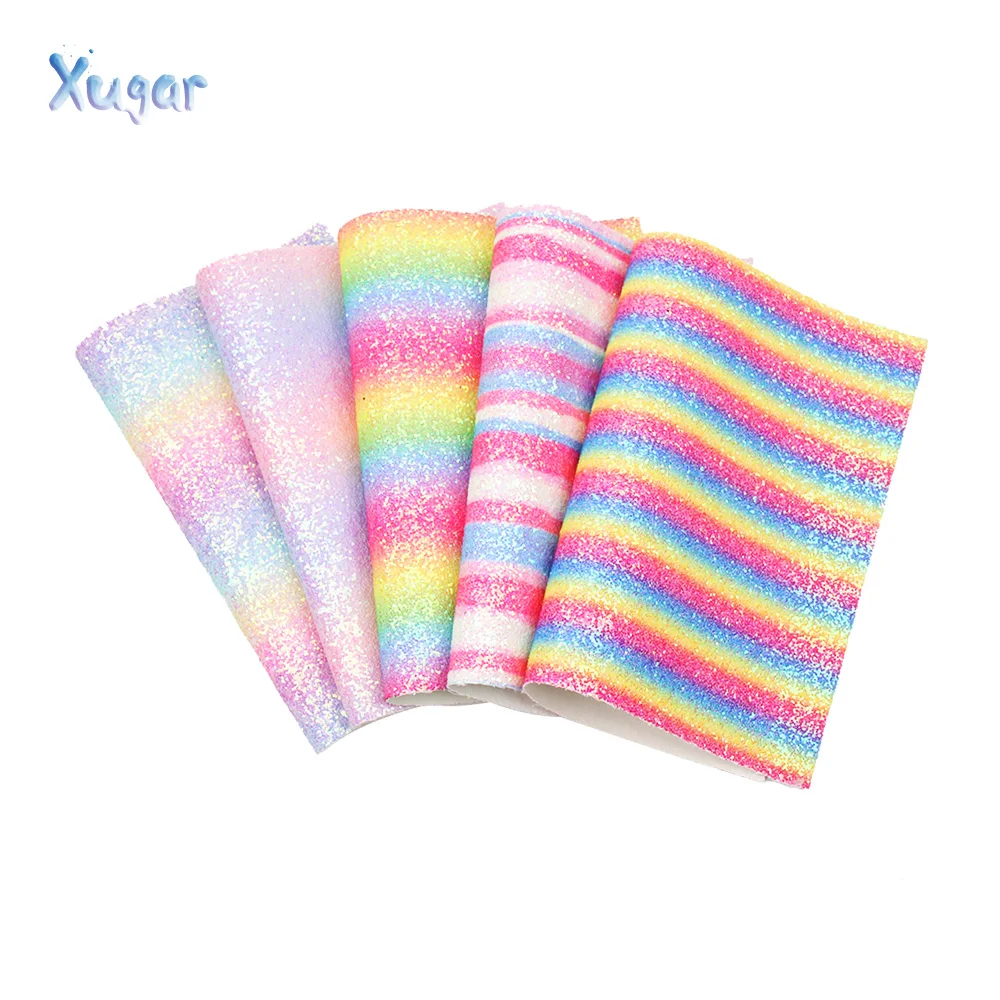 

Xugar 5pcs/Set 22*30cm Rainbow Color Gradient Glitter Faux Synthetic Leather Fabric,DIY handmade materials for shoes bag hairbow