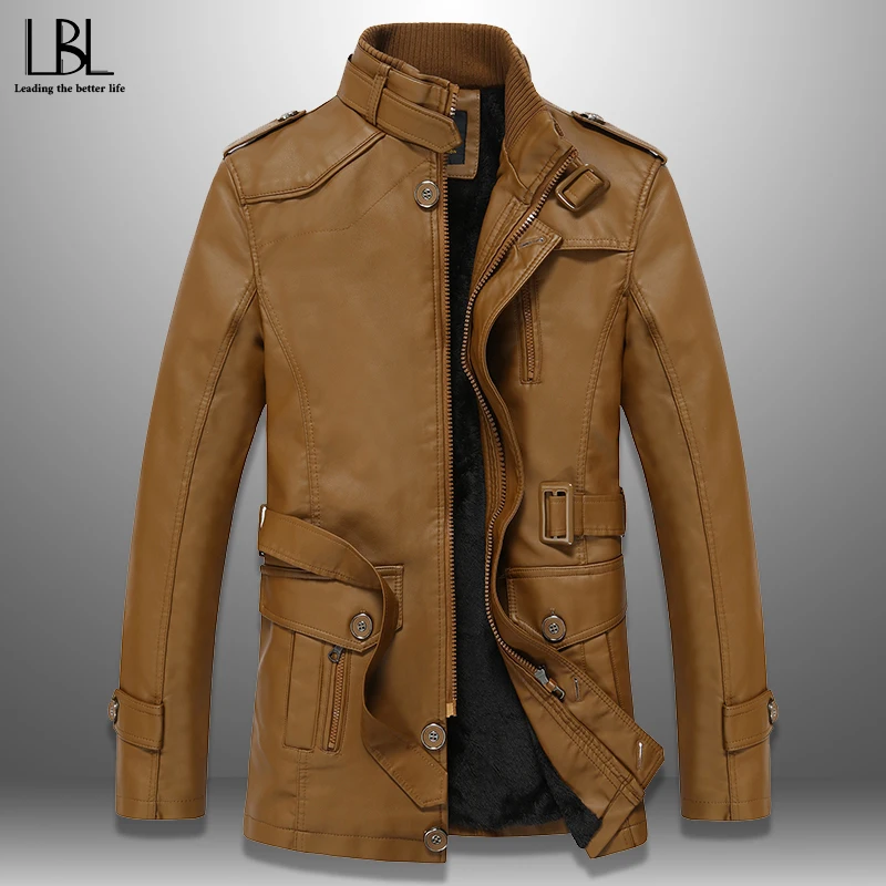 

Casual Men's Windbreaker 2019 New Arrival Men PU Leather Jackets Winter Autumn Fleece Trench Long Jacket Windproof Overcoat 4XL