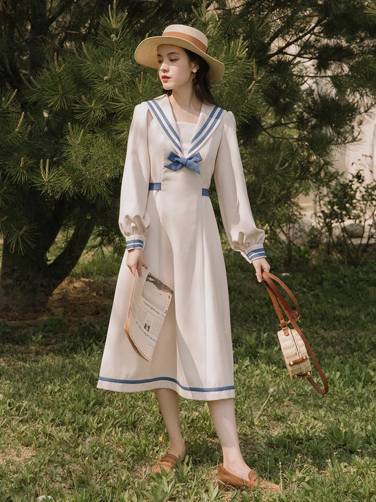 

Preppy Style Women Dress Sweet Sailor Collar Bow Vintage Dresses For Slim Lady Mori Girl Long Dresses Vestidos Autumn Spring