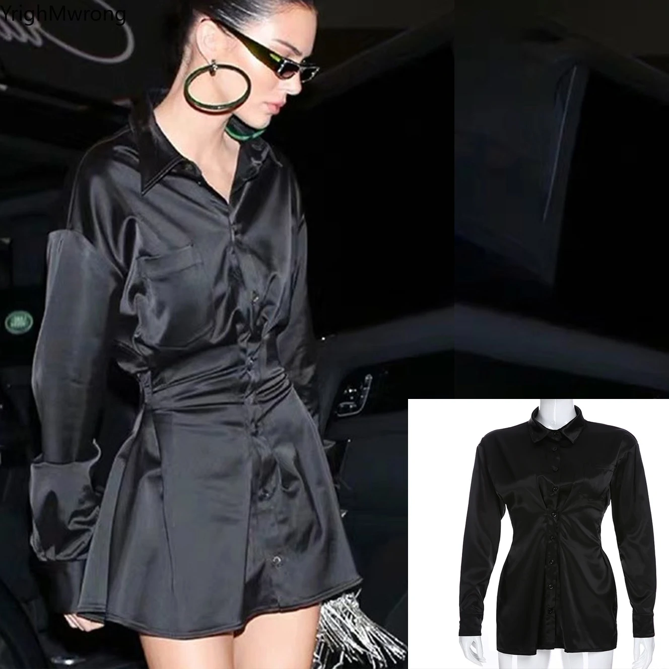 

Slim Elegant High Waist Long Sleeve Front Twist Single Breasted Button Black Satin Silk Mini Shirt Dress Women Gothic Sexy Party