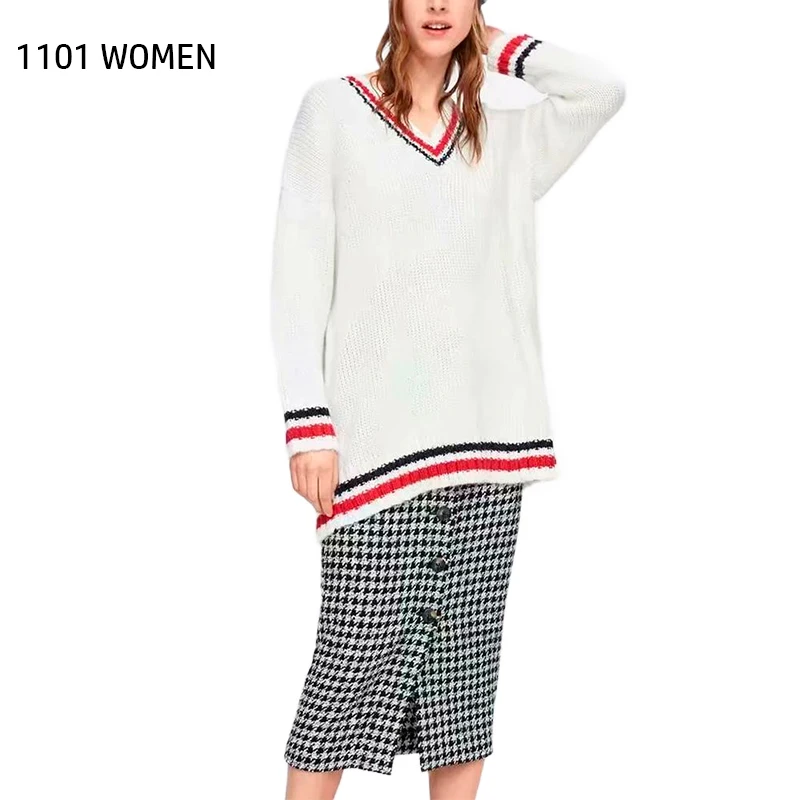 ZA NEW Spring Autumn Women's white red V-neck Hit color Sweater Pullover Fashion Casual Female Tops | Женская одежда