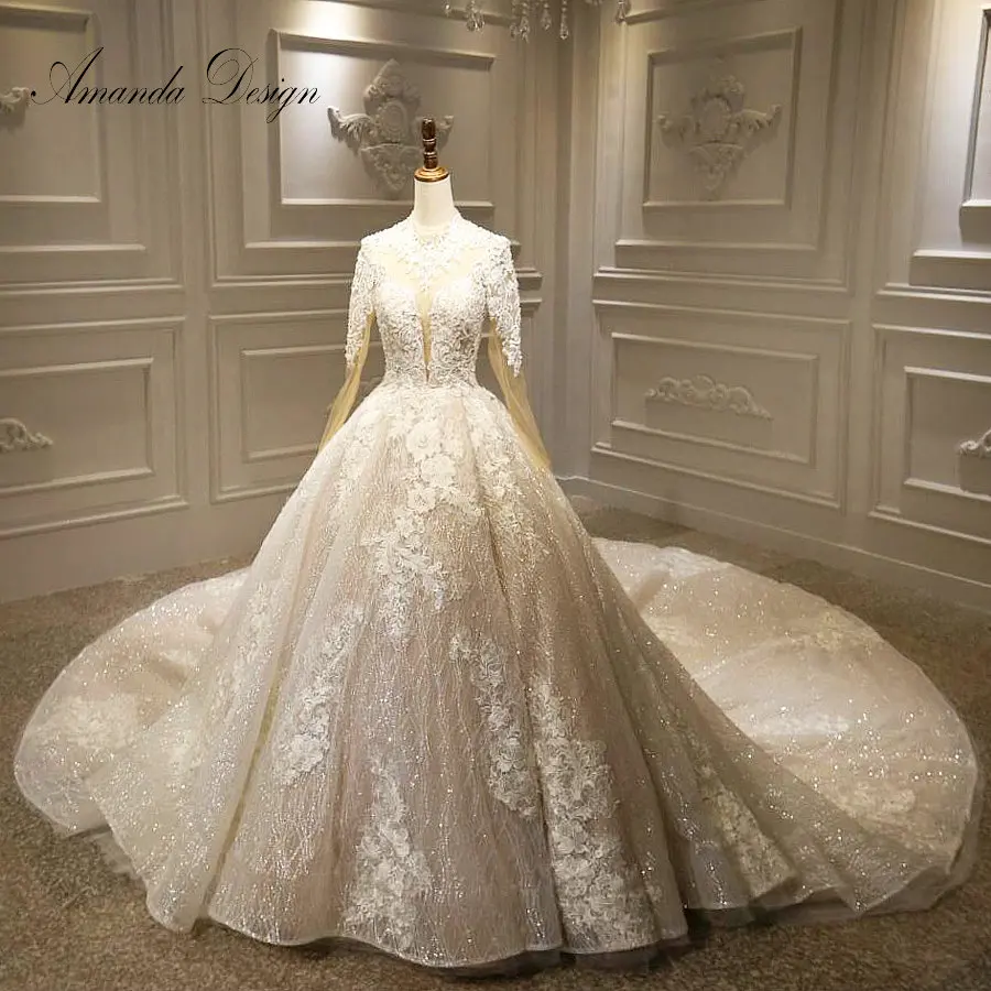 Шампанское Аманда дизайн robe de mariee Высокая шея с длинными рукавами свадебная Кружевная аппликация платье - Цвет: Шампанское