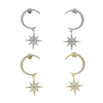 

5A sparking bling cubic zirconia cz paved moon northstar charm drop earring for women