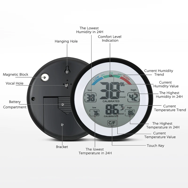 BMBY-LCD Digital Thermometer Indoor Hygrometer Touch Screen Round Alarm Clock Meter