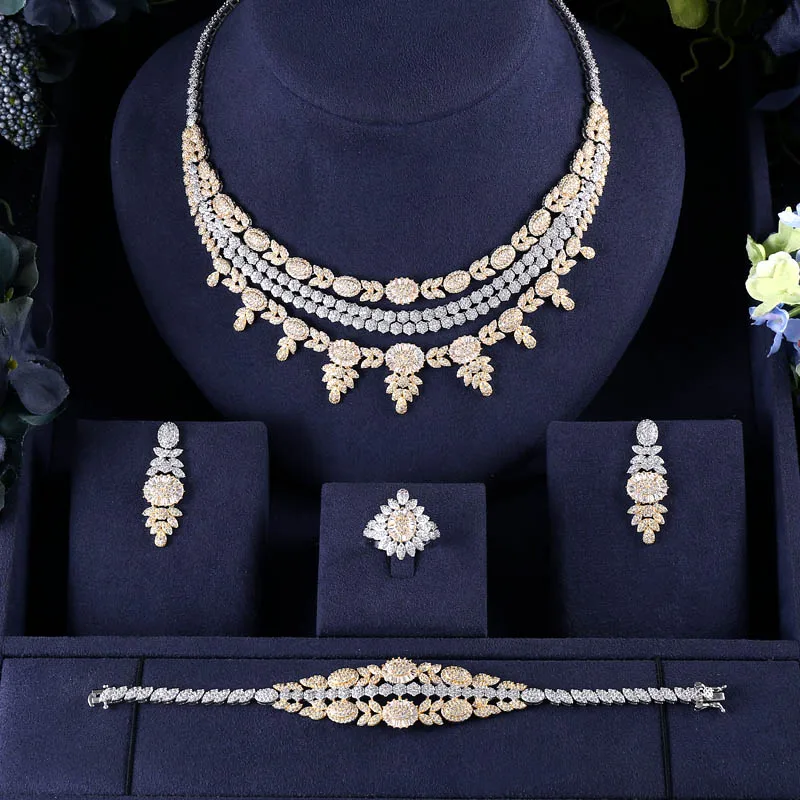 Accking модные роскошные элегантные Дубай Свадебные кубики циркония ожерелье серьги 4 шт. для женщин Свадебные вечерние ювелирные наборы - Окраска металла: 2 stones