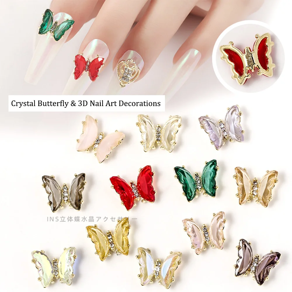 New 5/10pcs Crystal Butterfly 3D Nail Art Decorations Charm Diamond Glass Alloy Flat Base DIY Jewelry Manicure Accessories | Дом и сад