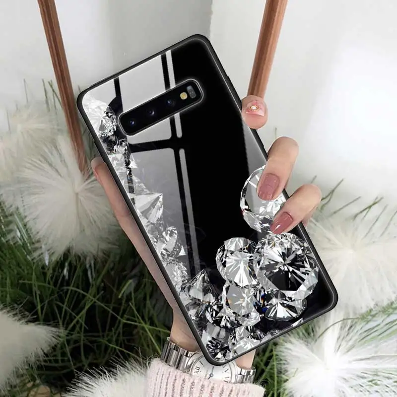 T09 Корона с алмазами печать чехол для samsung Galaxy A50 A30 S10 e S9 S8 Note 10 Plus 5G 9 закаленное стекло+ черный мягкий чехол для телефона A70 - Цвет: T09