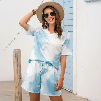 

Women Pajama Set Tie-dye Short Sleeve Tops Drawstring Shorts V-Neck Loose Lounge Set Sleepwear Nightwear Casual Suit
