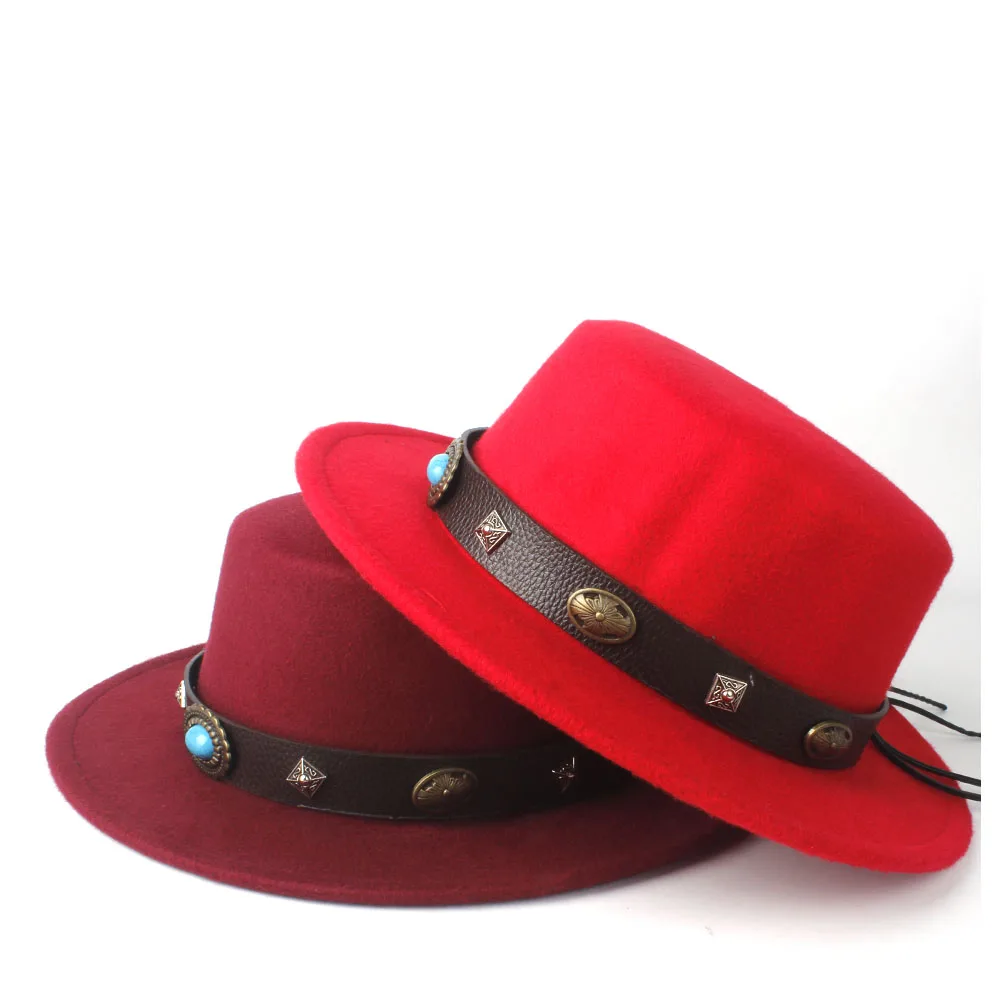 Unisex Women Men Wool Flat Top Hat Birthday Party Hat Wide Brim Hat Fedora Hat Size 56-58CM