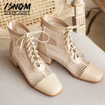 

ISNOM Summer Boots Mesh Women Chunky High Heels Ankle Booties Woman Cow Leather Female Lace Up Shoes Zip Square Toe Shoes