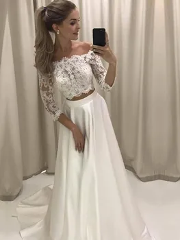 

2020 Bride Dress A-Line/Princess Off-the-Shoulder 3/4 Sleeves Sweep/Brush Train Lace Satin Wedding Dresses for Wedding