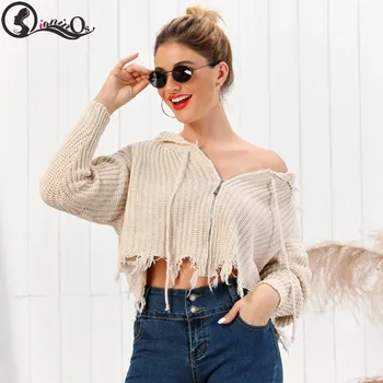 

2019 Autumn Knitted Cardigans For Women Sweater Fashion Hooded Solid Color Cardigans Short Tassel Casual Zipper Sweater Coat