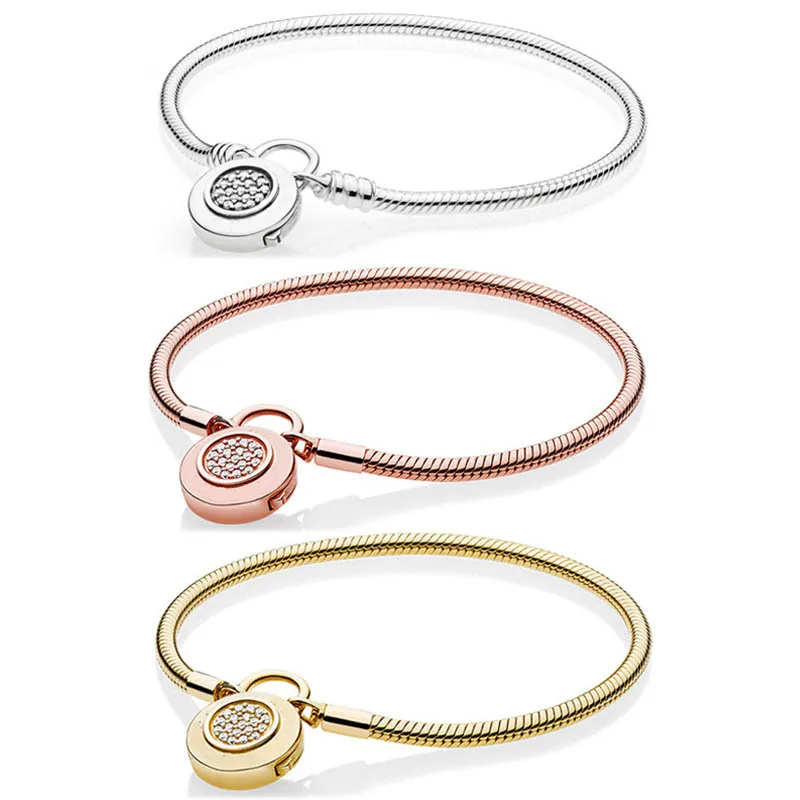 

925 Sterling Silver Pan Bracelet Gold Color Logo Signature Padlock Smooth Snake Bangle Fit Bead Charm DIY Fashion Jewelry