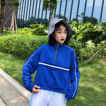 

Hoodies Women Thin Short Striped Loose Harajuku Korean Style Sweatshirts Womens Stand Collar Ulzzang Trendy Pullovers Chic New