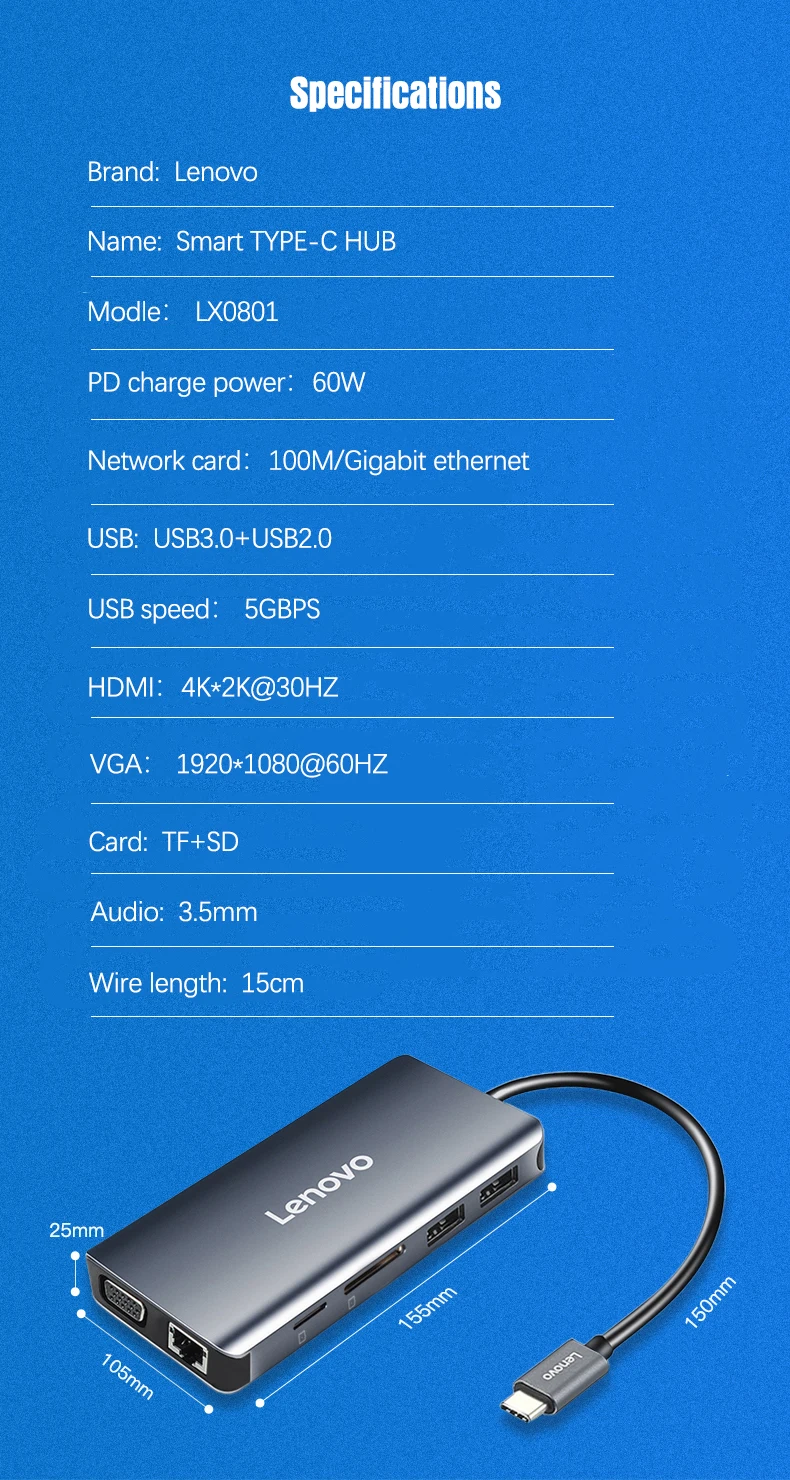 Universal 4in1 USB C Hub Adapter HDMI VGA USB 3.0