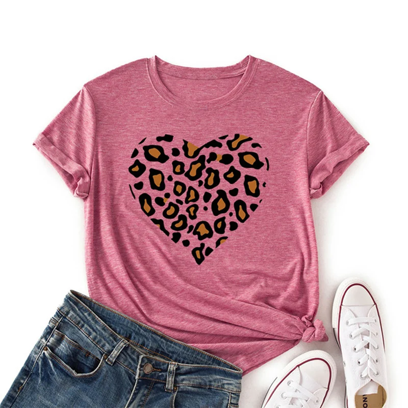 Leopard Love Heart Print Women Couple Love T Shirt Fashion Harajuku Colored Cotton Graphic Tees Shirt Femme Unisex Clothes for Summer