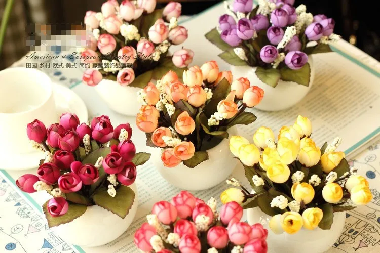 Качественная керамическая ваза+ шелковые цветы, искусственный цветок, набор для украшения дома, офиса, балкона, украшения