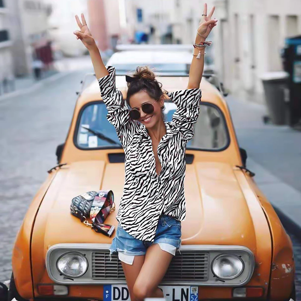 

Oeak Women's Shirt Tops Zebra Striped Print Shirt Long Sleeve Women's Print Stripe Loose Blouse 2019 new