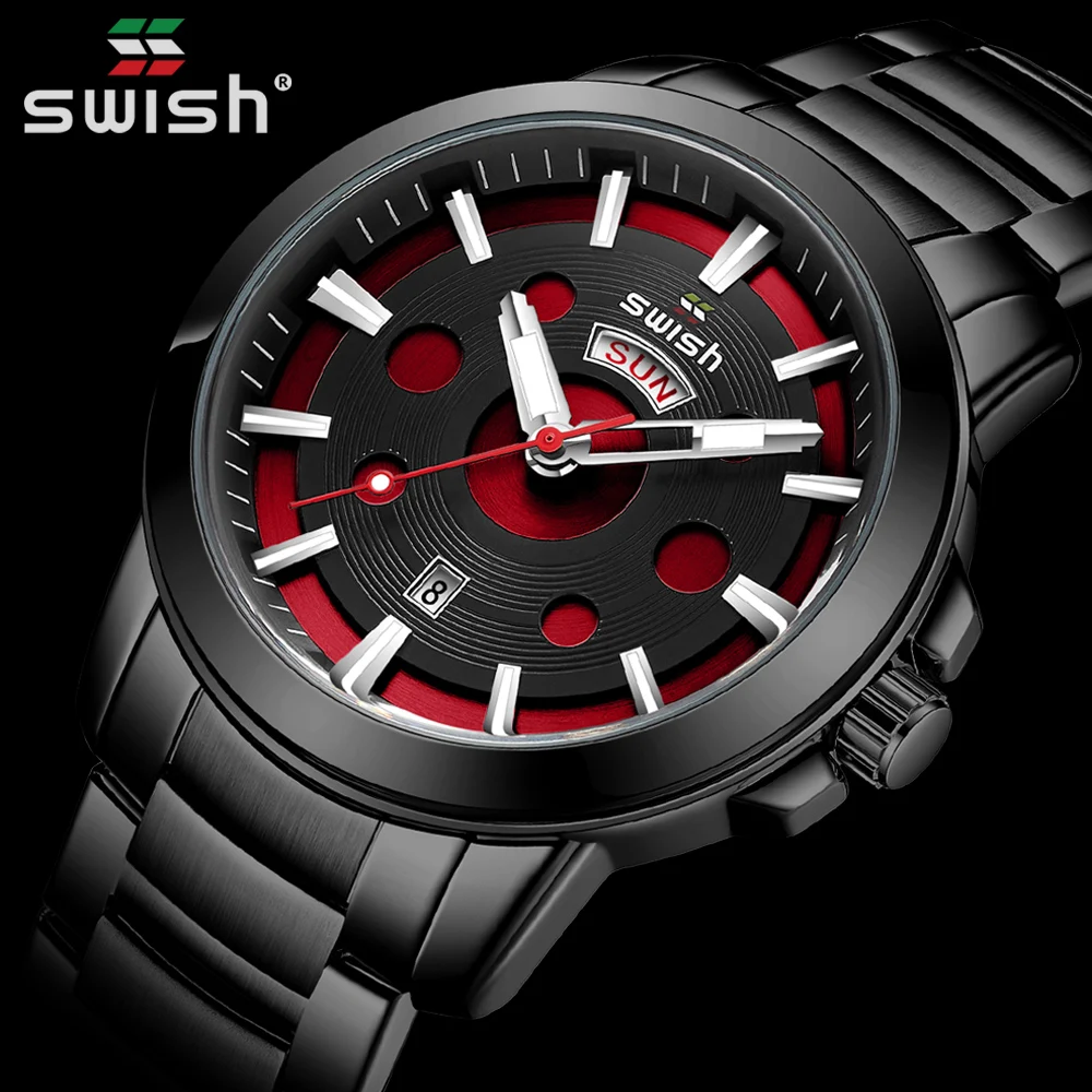 Часы Reloj Hombre мужские из нержавеющей стали черные брендовые Роскошные креативные кварцевые наручные часы с
