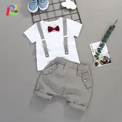 Летние комплекты одежды с бантиком для маленьких мальчиков Высококачественная короткая футболка + штаны для маленьких джентльменов