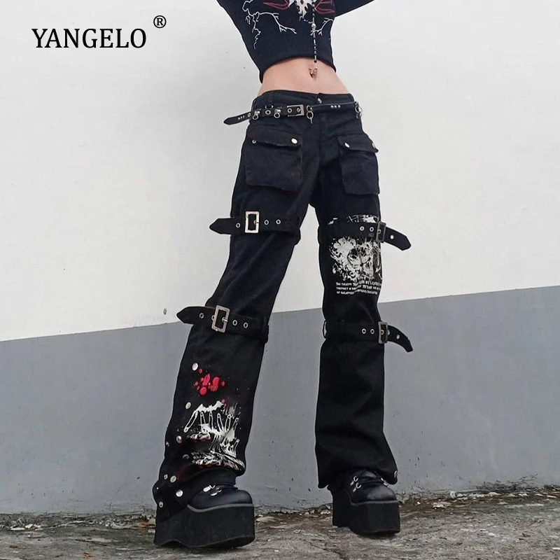 Yangelo y2k ブラックバックルパンツ,スカルプリント,原宿,ハイウエスト,大きなポケット,ストレート,ゴシックモール,グランジファッション|ジーンズ|  - AliExpress