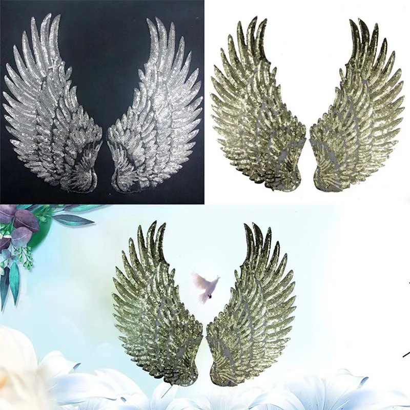 

Wings Patches Gold Sliver Sequined Patch Sew On Iron On Clothes Patch 3D Feather Applique DIY Stickers Wedding