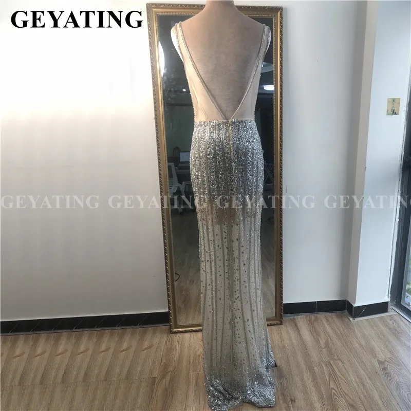 Sexy V-Neck Backless Luxury Crystal Silver Prom Dresses Full Diamond Mermaid Evening Gowns Long African Formal Gala Dress