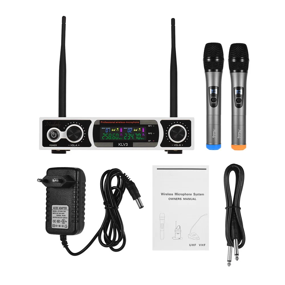 

New Muslady KLV3 VHF Wireless Microphones Set with 1 Receiver 2 Handheld Microphone Color Screen for DJ Party Karaoke Singing