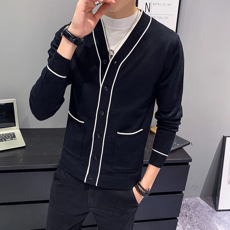 

Autumn Jersey Navidad Hombre Fashion Spelling Color Sweater Cardigan Type Male Knitting Loose Coat Black Herren Pullover Winter