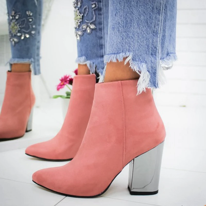 

Women Shoes Ankle Pumps Flock Toe Boots Solid Autumn Spring 2019 New High-heeled Shoes Botas Mujer Dropship