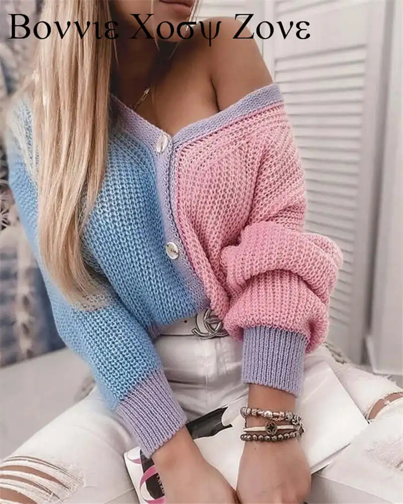 

Кардиган на пуговицах с цветными блоками, повседневный свободный свитер с длинными рукавами